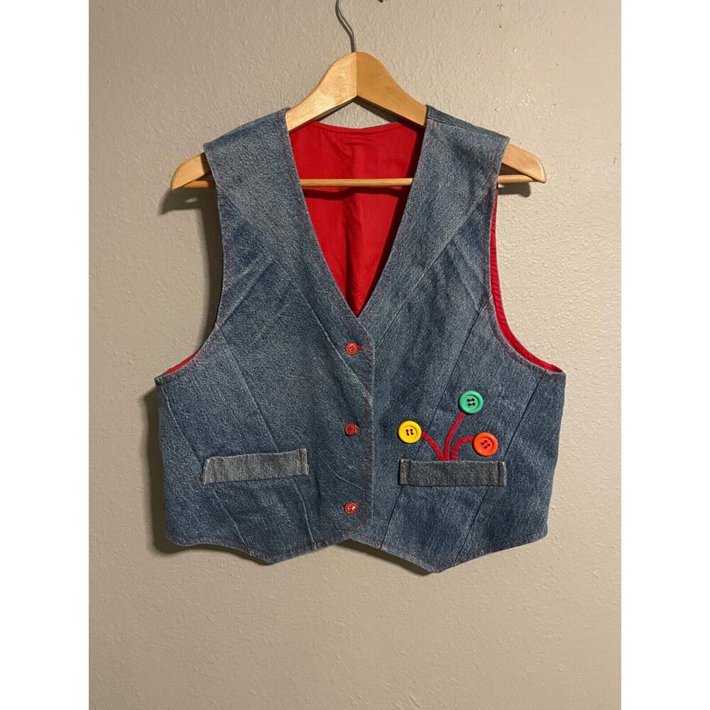 Vintage Handmade Womens Vest Large Blue Denim Button Accent Teacher Kidcore 90s